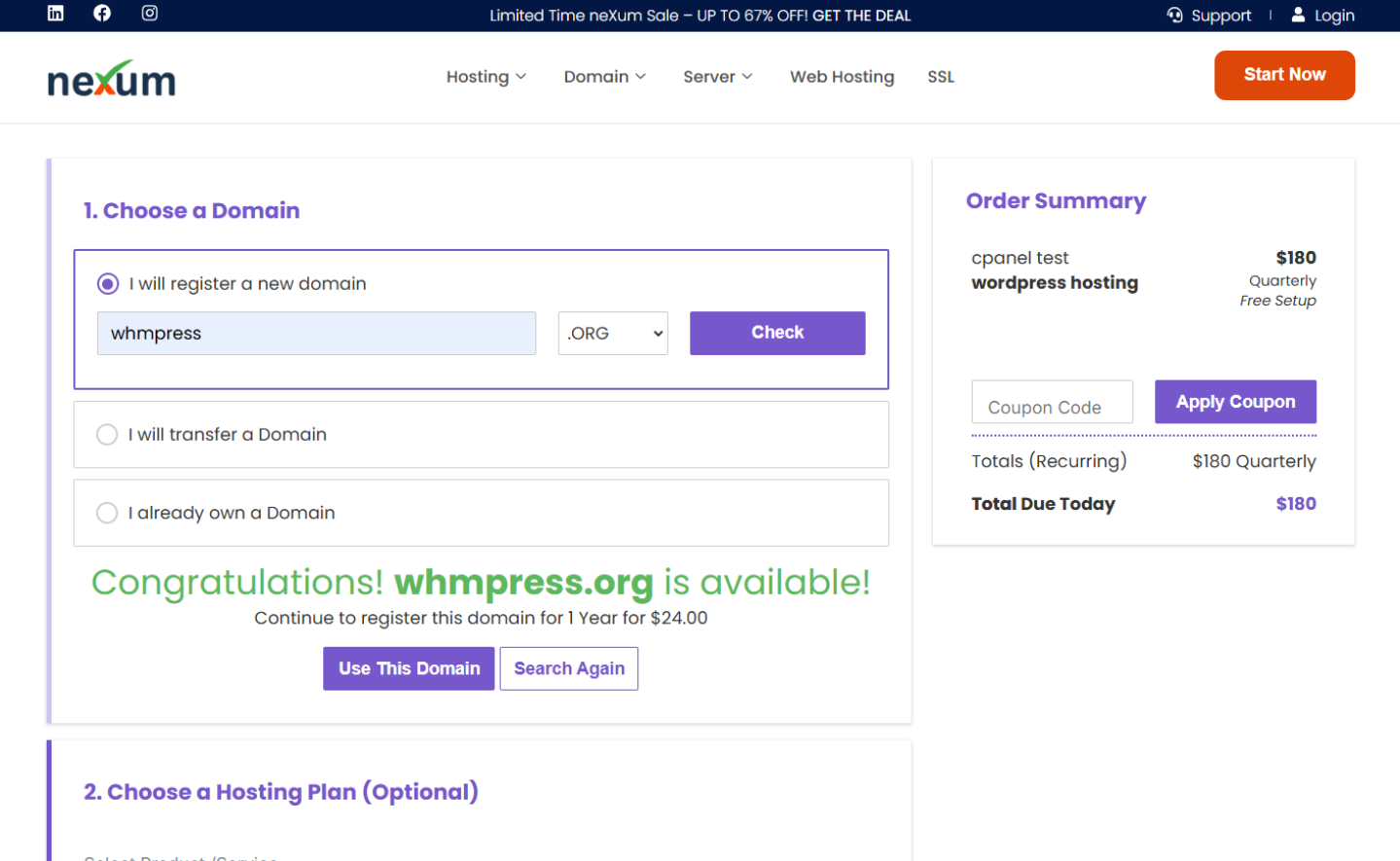 WHMCS One-Page Order in WordPress — Default template, light mode, purple color scheme