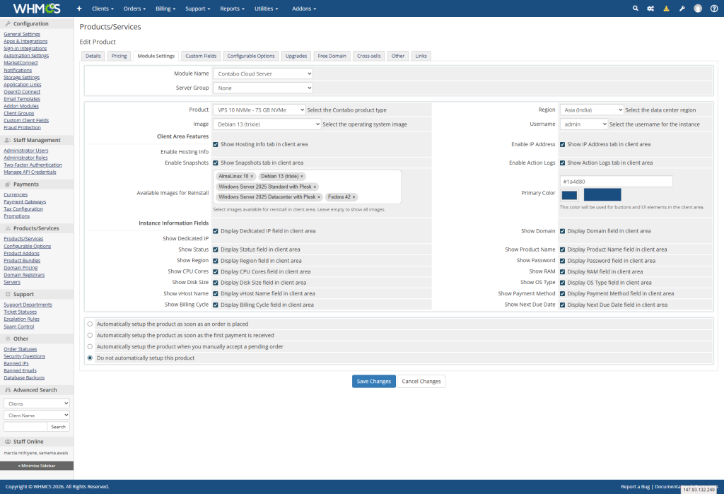 contabo product module setting