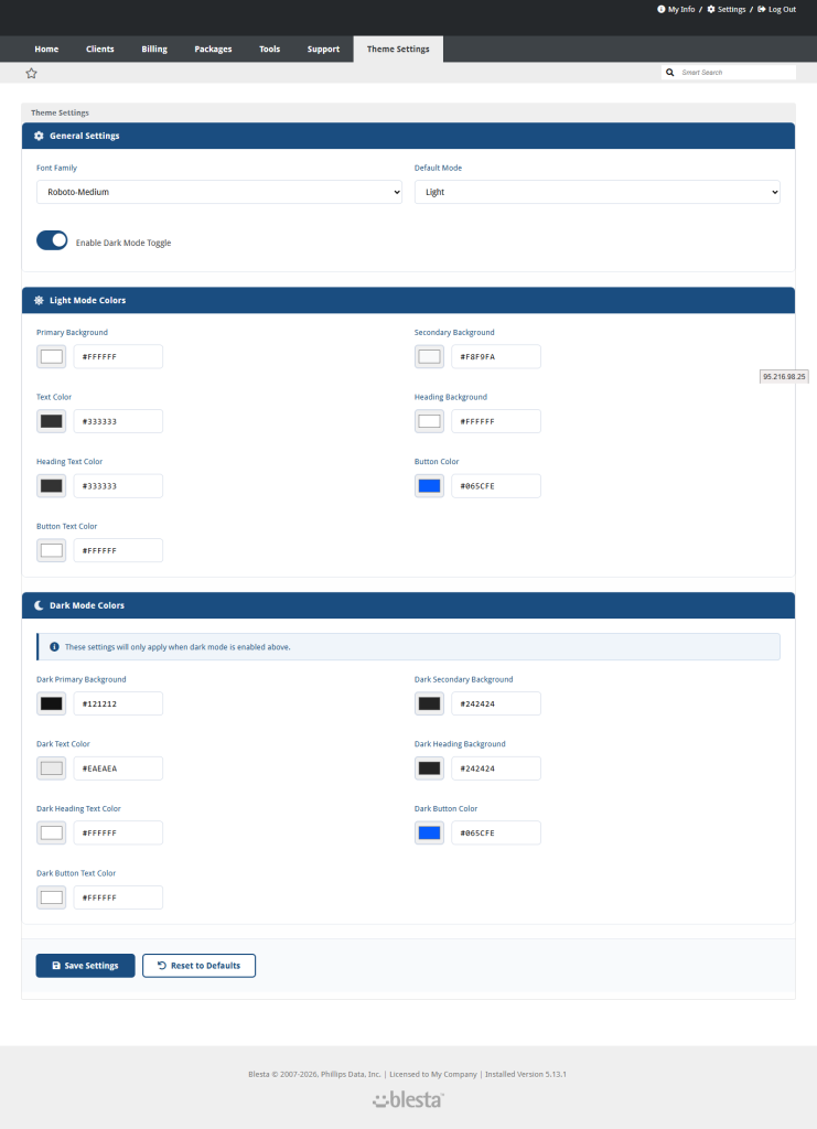 Blesta theme admin area settings