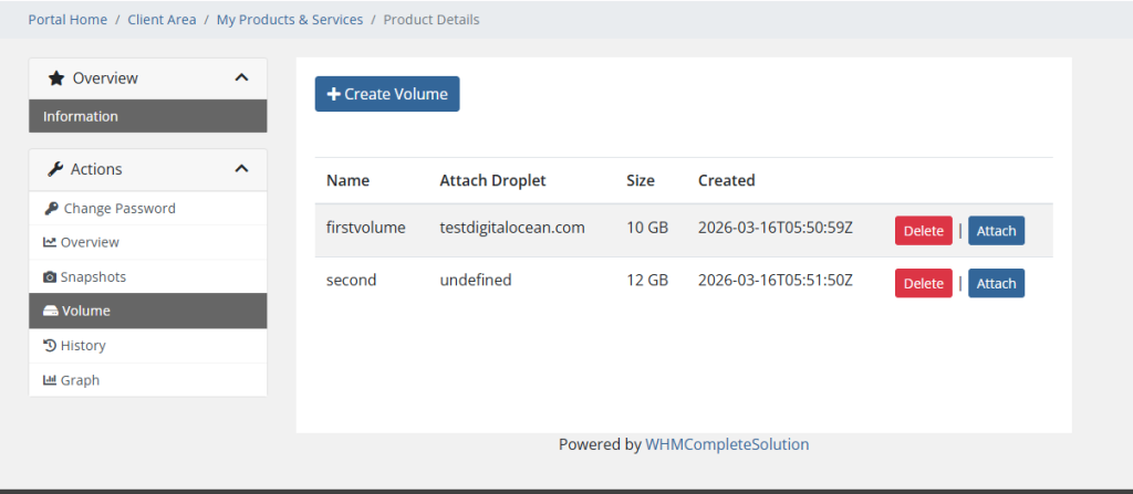 Digital Ocean Client area Volume