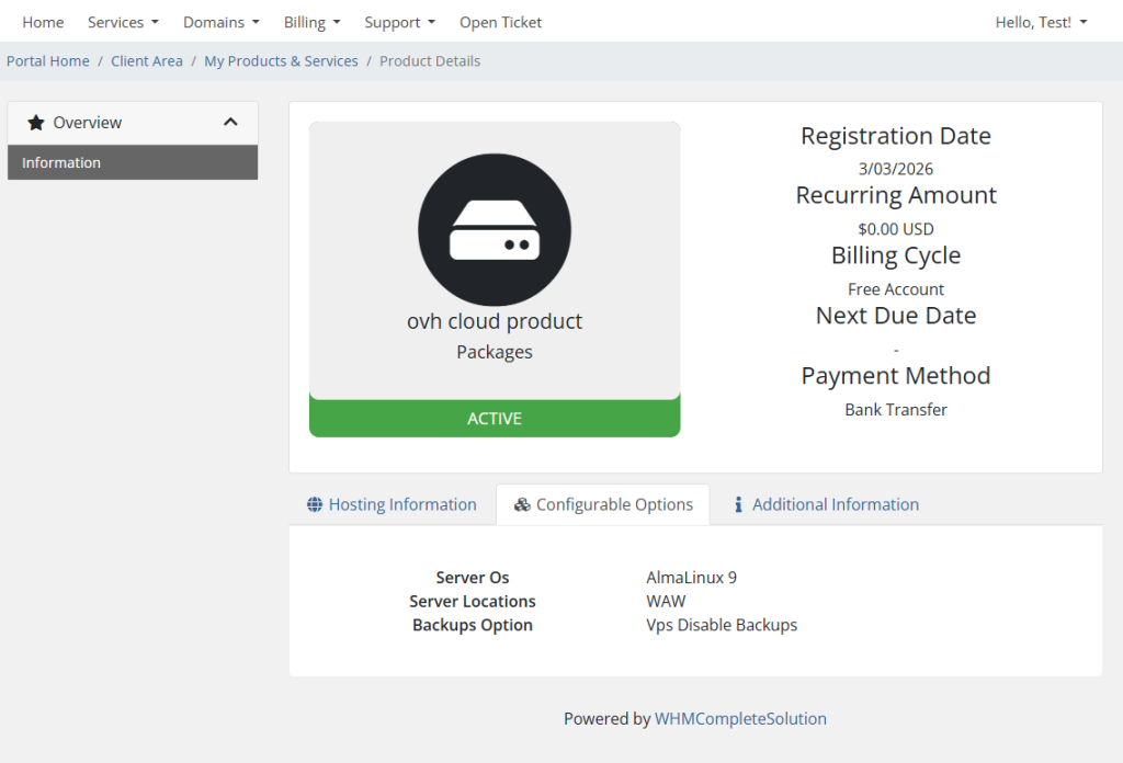OVH CLient area configurable option