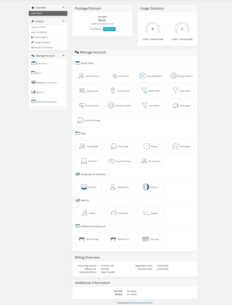 Cpanel Extended Client area service detials