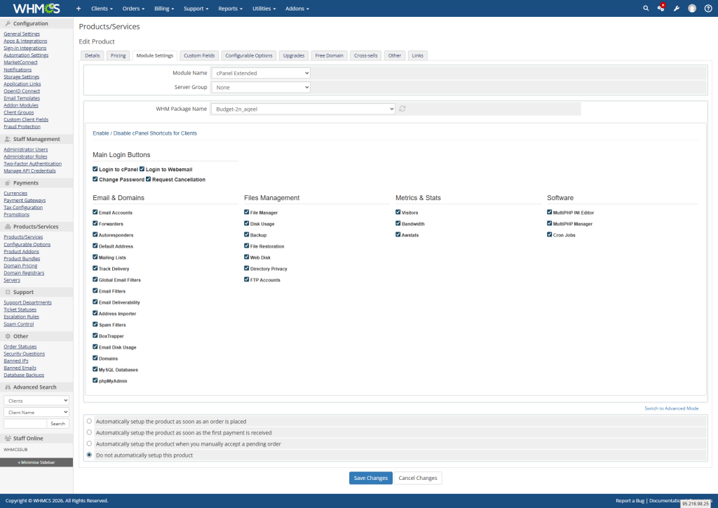 Cpanel Extended Module Settings