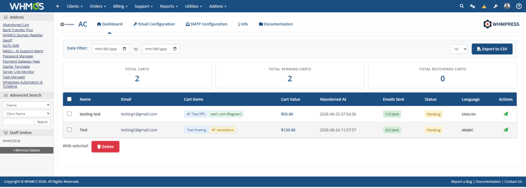 Abonded_Cart Module Dashboard