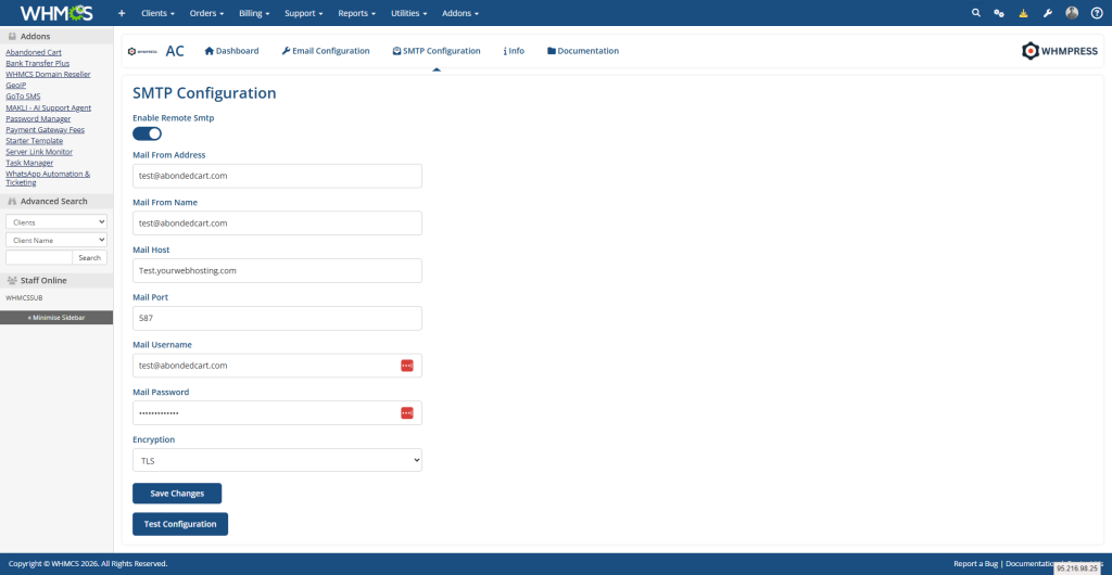 Abonded_Cart SMTP Configuration