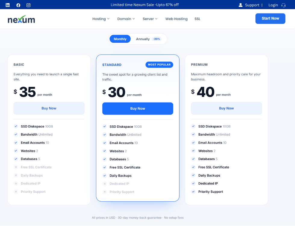WHMPress pricing table in WordPress, with monthly and annual billing across three hosting plans