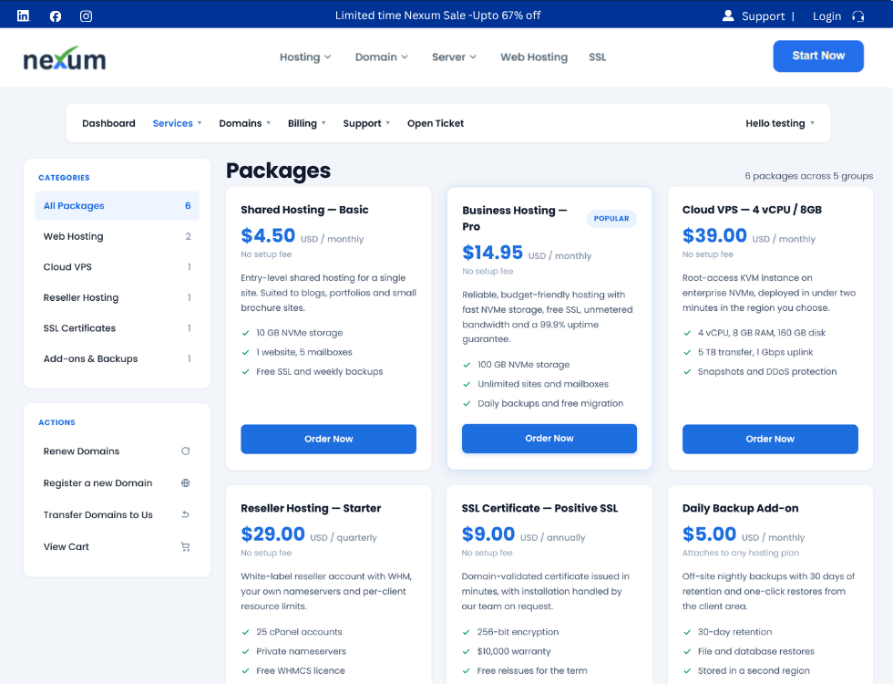 WCAP Packages in WordPress, showing orderable hosting packages grouped by category
