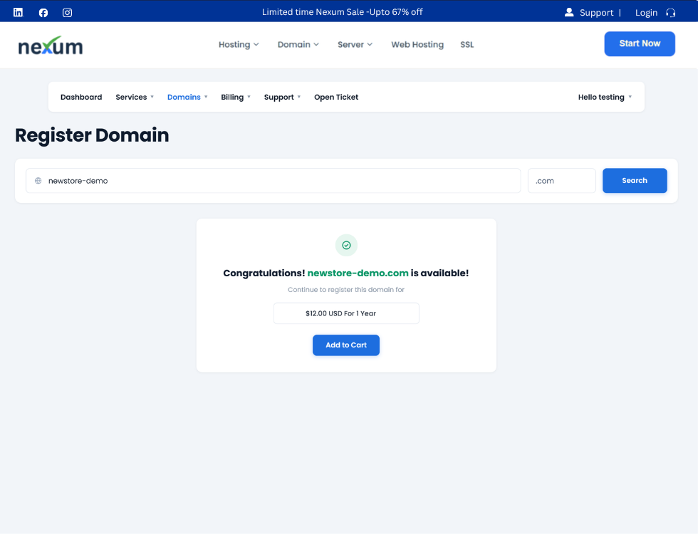 WCAP Register Domain in WordPress, showing an availability result and Add to Cart