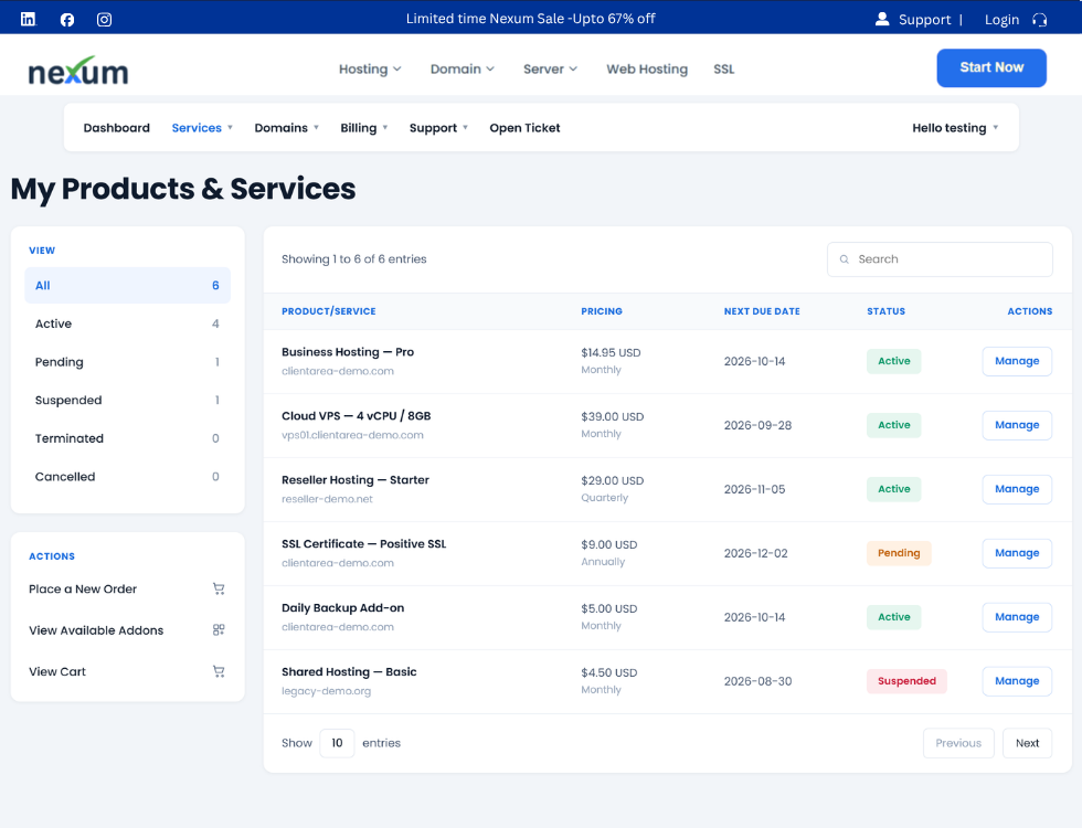 WCAP My Products and Services in WordPress, listing active services with pricing and status