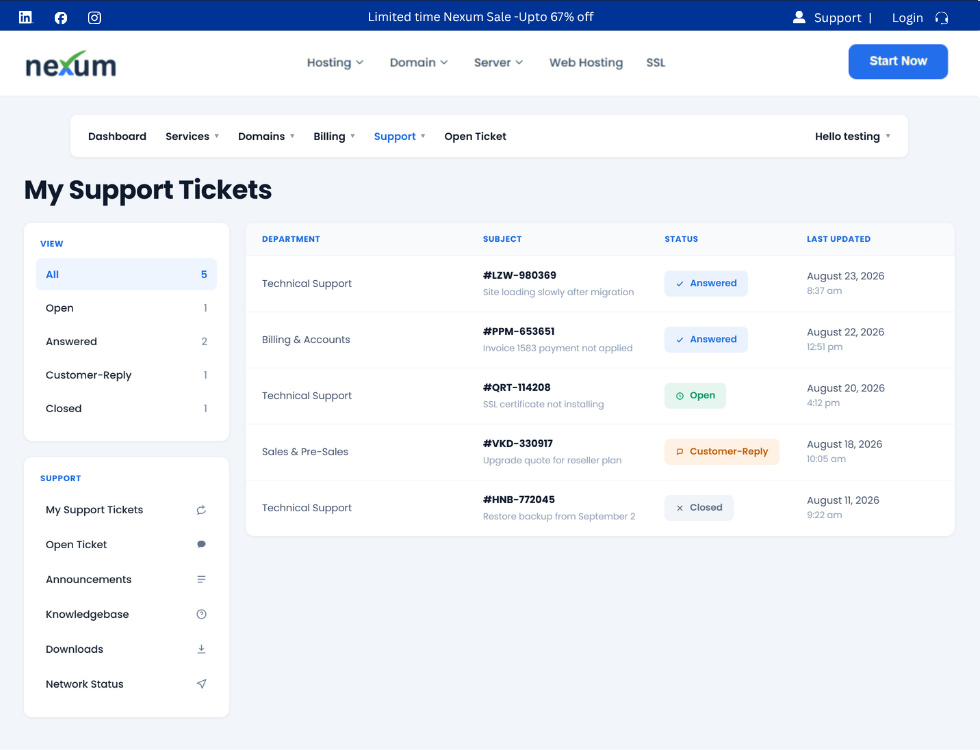 WCAP My Support Tickets in WordPress, listing tickets by department and status