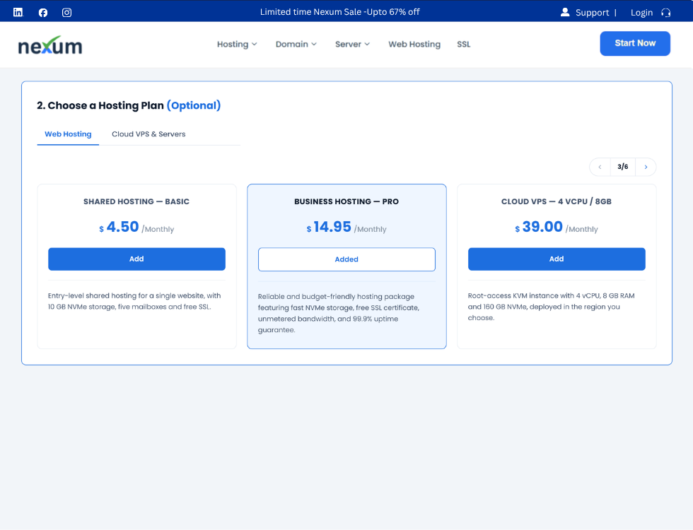 WHMCS one-page order in WordPress, step 2: choosing a hosting plan