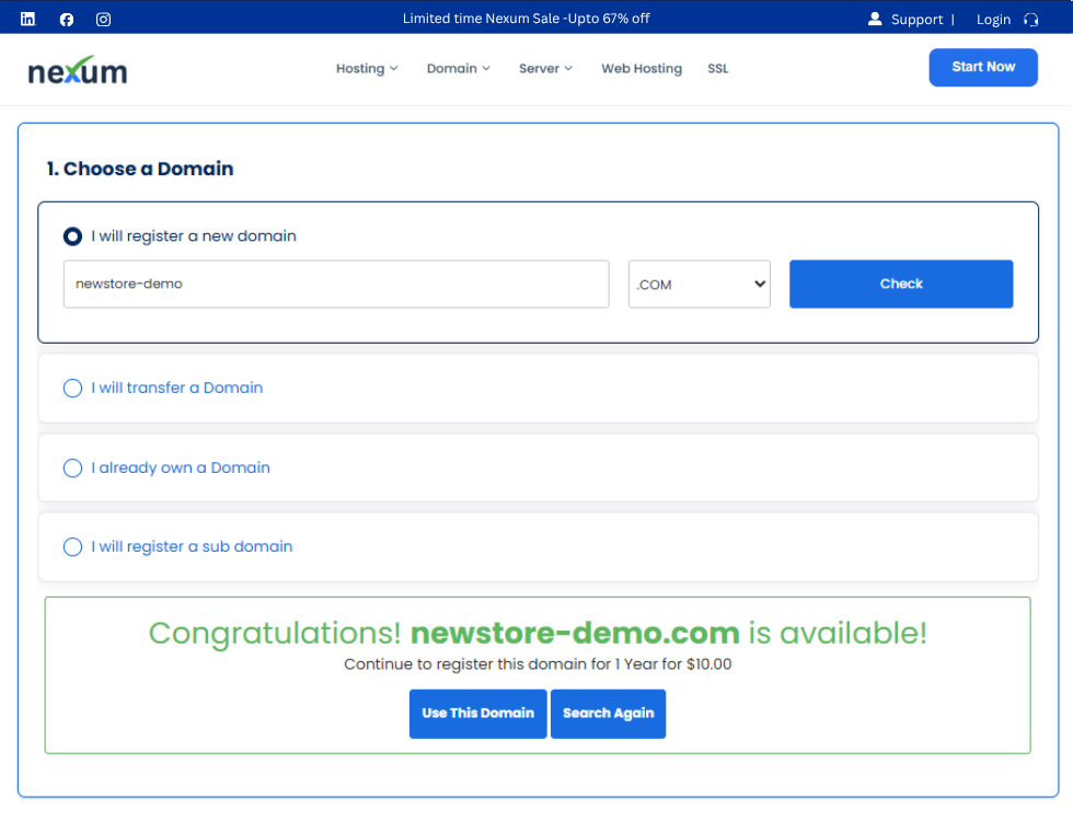 WHMCS one-page order in WordPress, step 1: choosing a domain