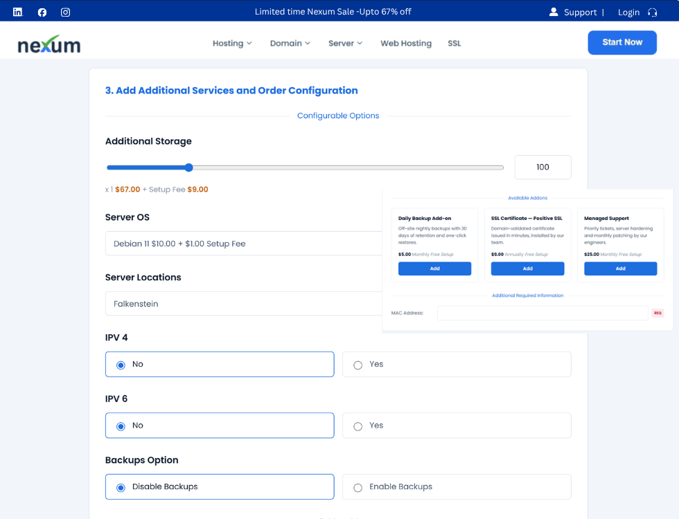 WHMCS one-page order in WordPress, step 3: additional services and configurable options