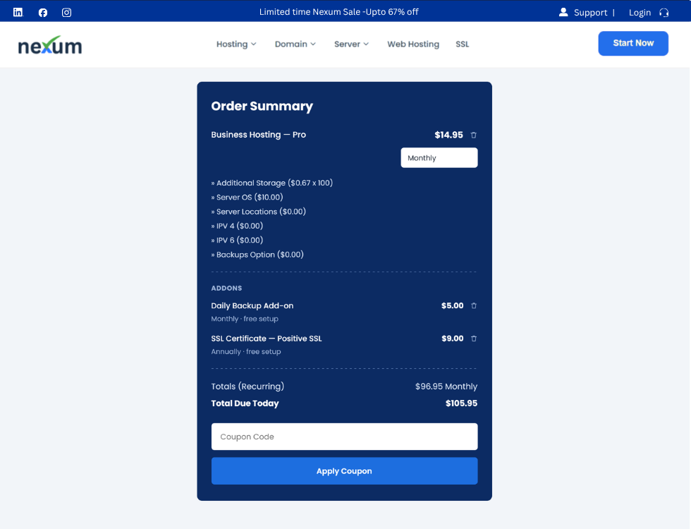 WHMCS one-page order in WordPress, the order summary with add-ons, totals and coupon field