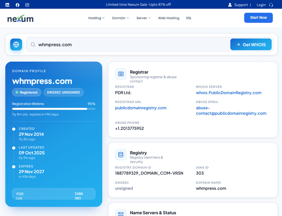 WHMPress domain WHOIS lookup in WordPress, showing registrar and registry details
