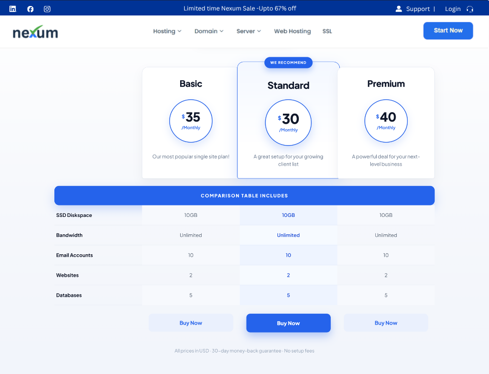 WHMPress plan comparison table in WordPress, comparing features across three plans