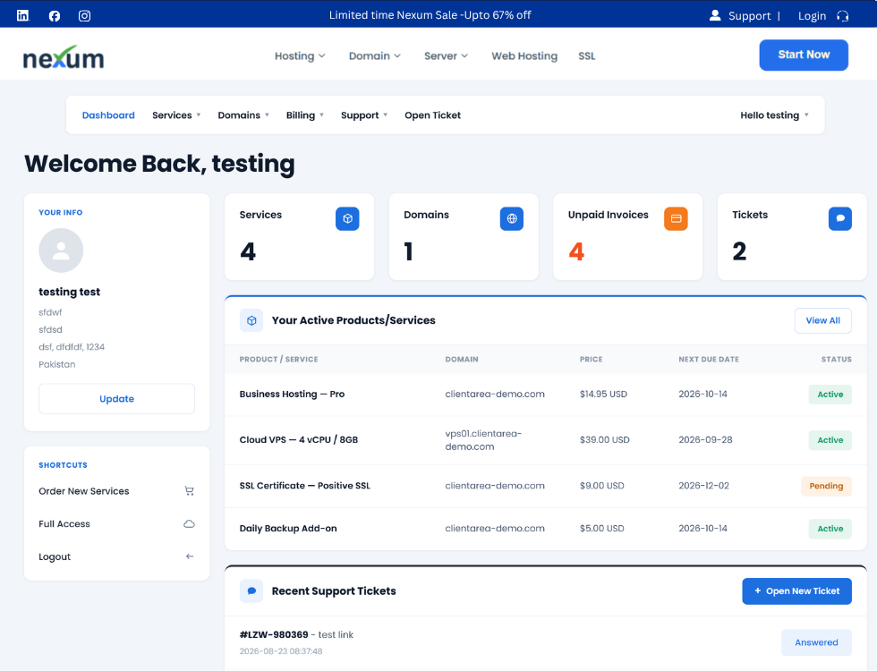WCAP client area dashboard in WordPress, with service, domain, invoice and ticket counts