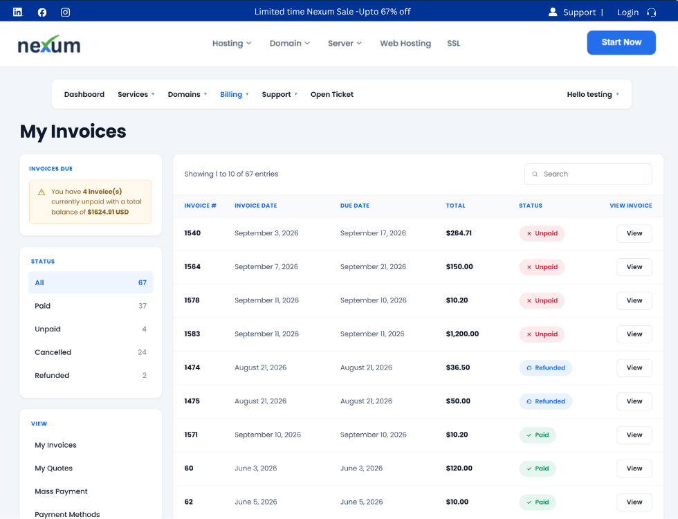 WCAP My Invoices in WordPress, listing invoices with due dates, totals and payment status