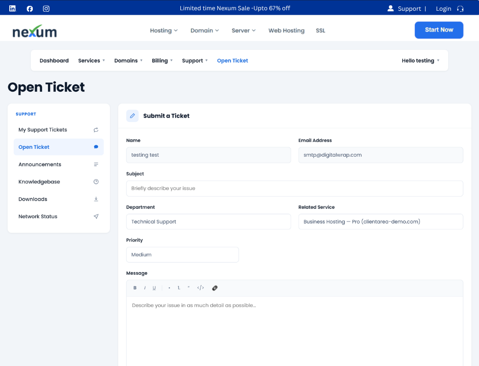 WCAP Open Ticket form in WordPress, with department, related service and priority fields