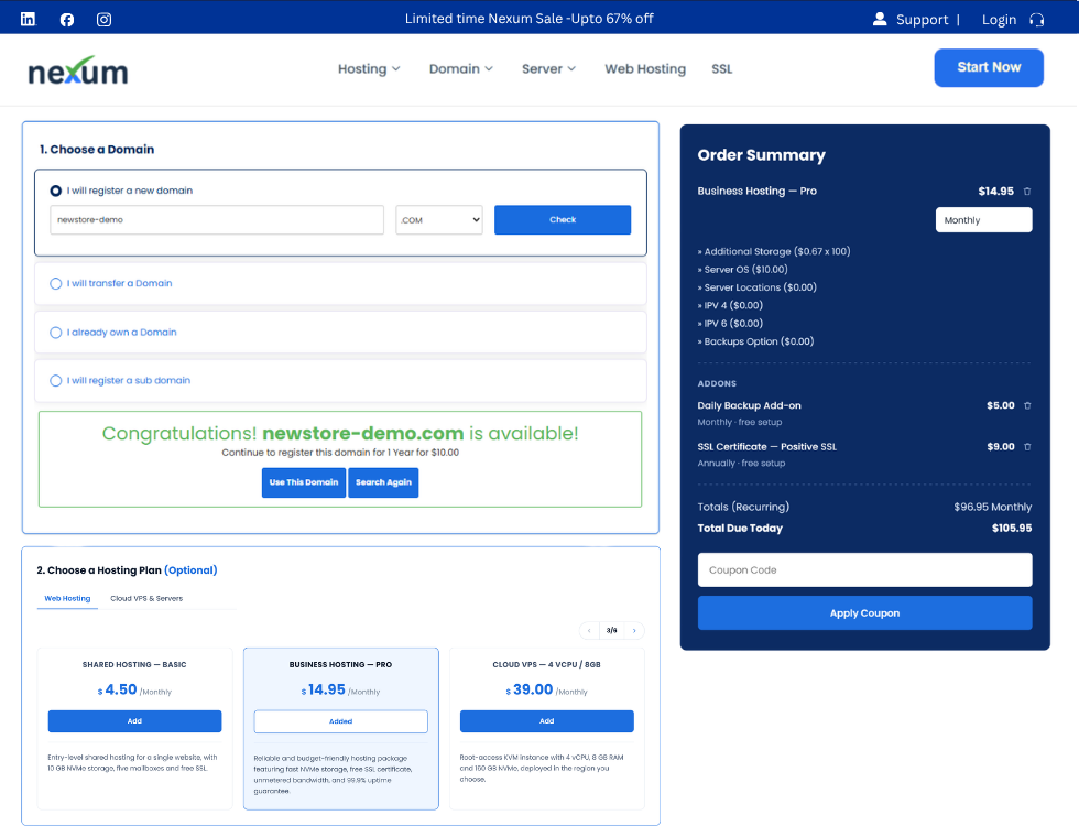 WHMCS smart order form in WordPress, step 1: choosing a domain, with the live order summary beside it
