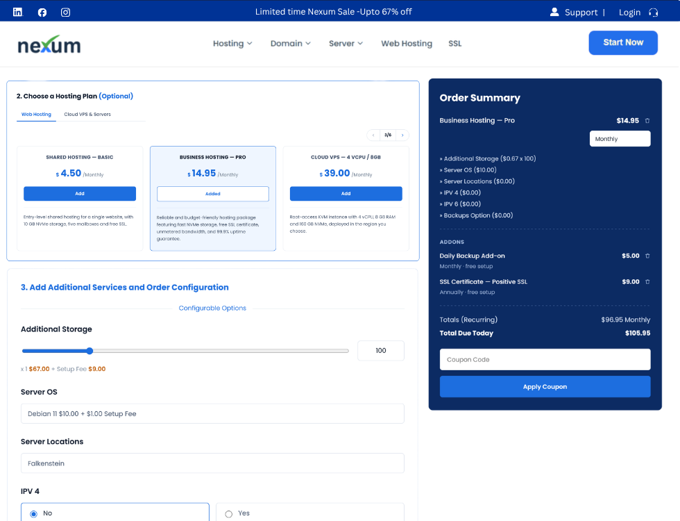 WHMCS smart order form in WordPress, step 2: choosing a hosting plan, with configurable options below