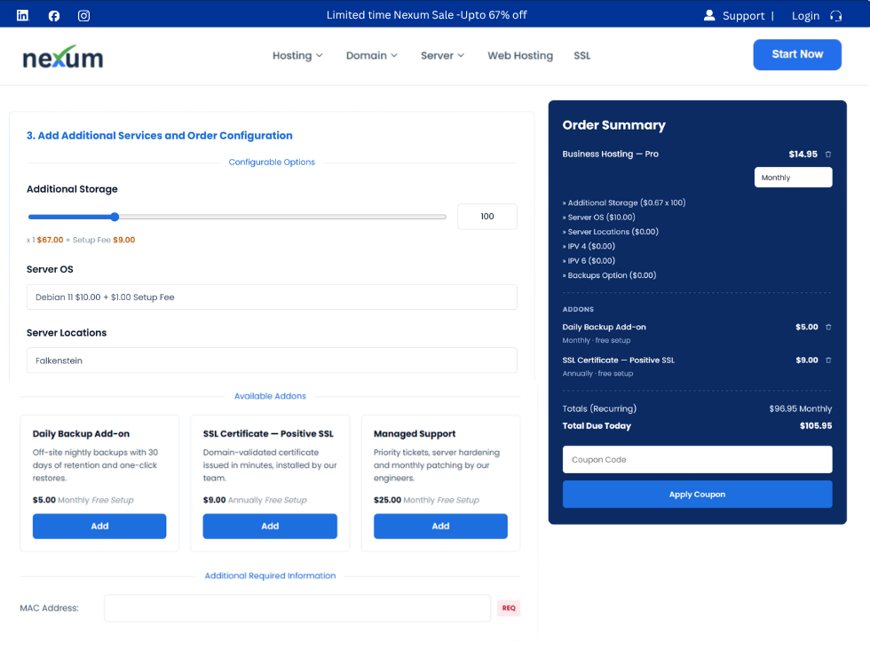 WHMCS smart order form in WordPress, step 3: additional services, configurable options and add-ons